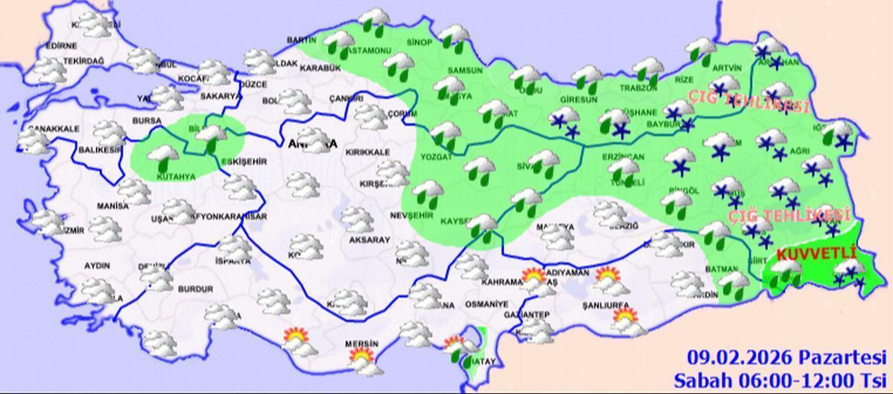 Map showing the weather across Türkiye between 09.00 and 12.00, February 9, 2026. (Türkiye's Metereological Service)