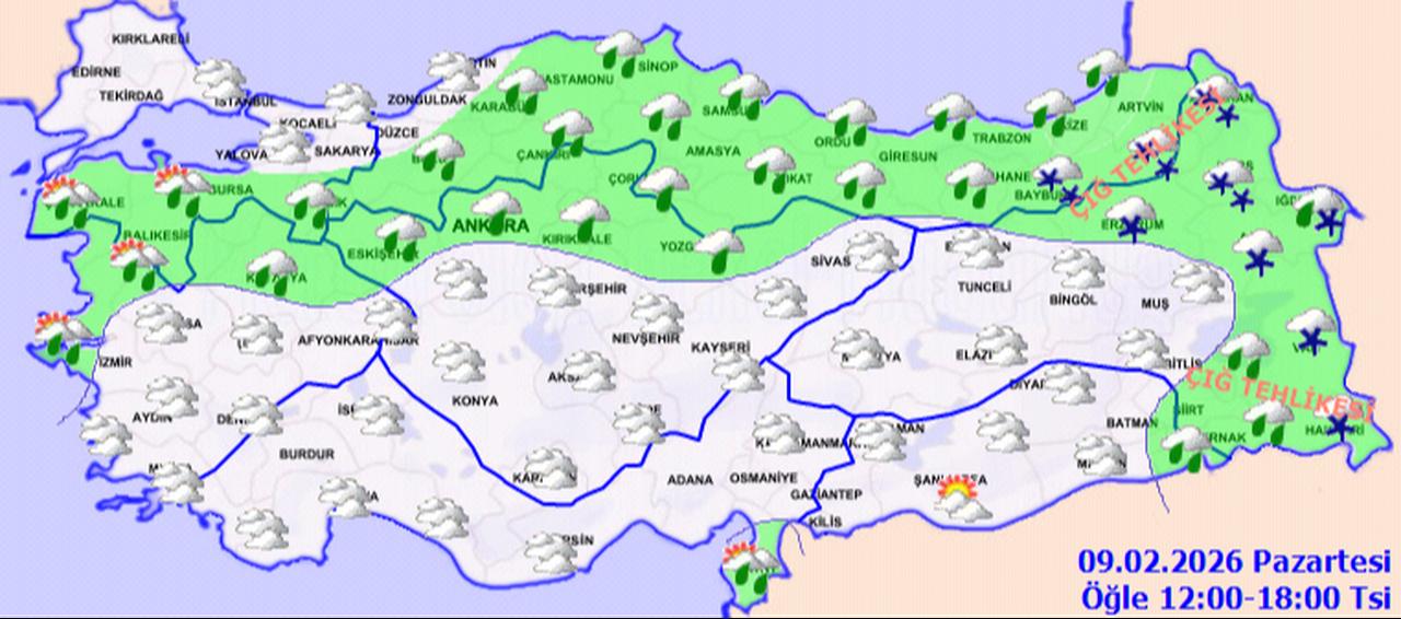 Map showing the weather across Türkiye between 12:00 and 18:00, February 9, 2026. (Türkiye's Metereological Service)