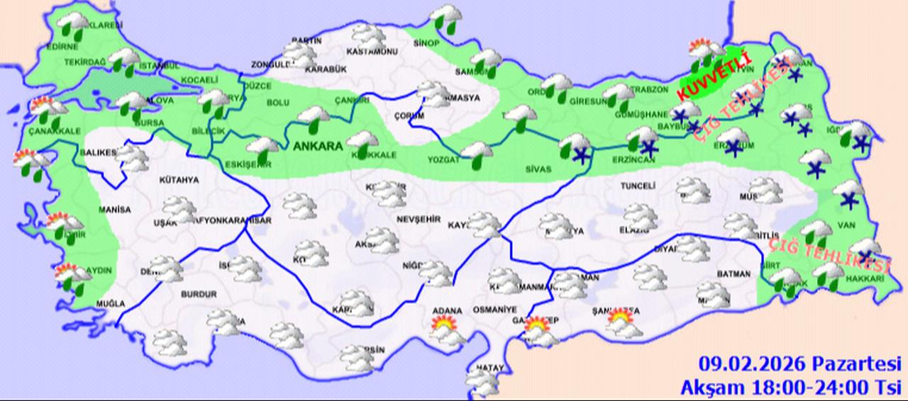 Map showing the weather across Türkiye between 18.00 and 24.00, February 9, 2026. (Türkiye's Metereological Service)