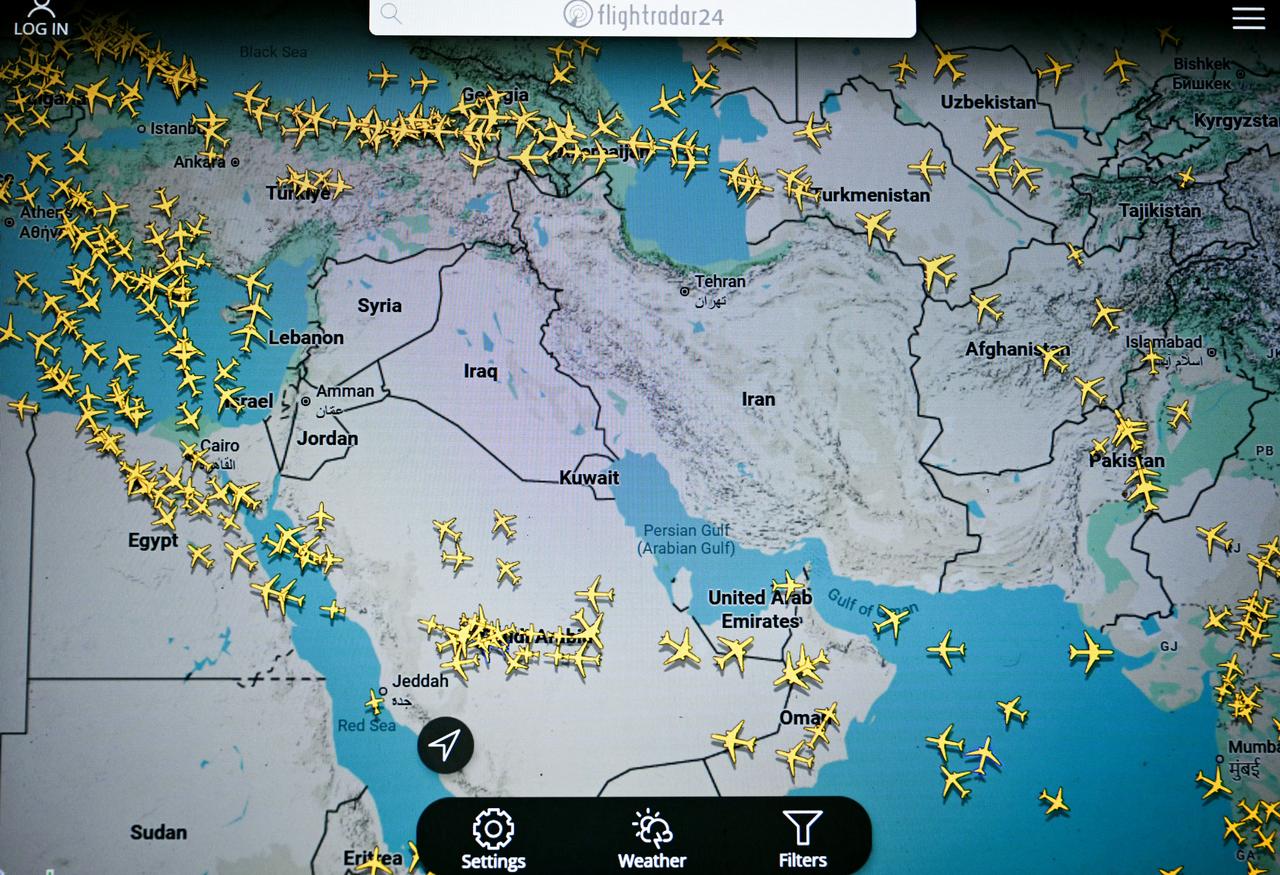 This photograph, taken in Paris on March 1, 2026, shows a page on the Flightradar 24 website that shows civilian flights avoiding Iranian and Iraqi skies. (AFP Photo)