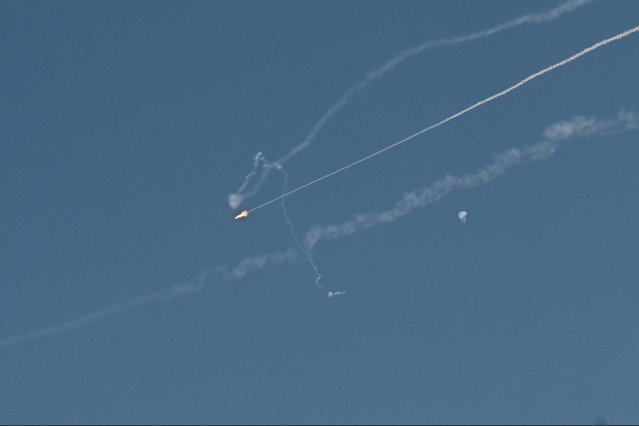 Explosions from the interception of an Iranian projectile are seen in the sky over Dubai, United Arab Emirates on March 1, 2026. (AFP Photo)