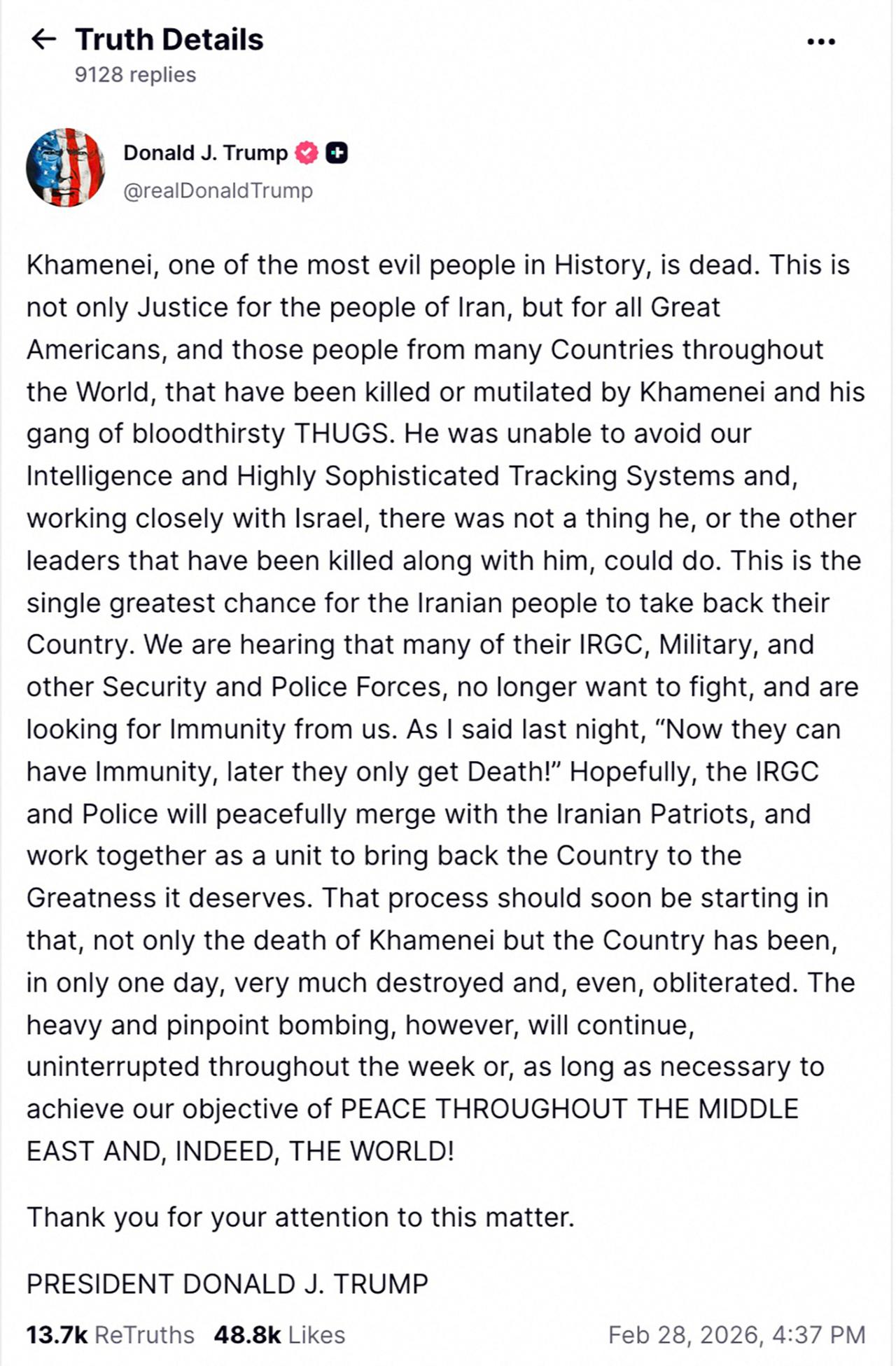 The screenshot shows a post shared on Truth Social by U.S. President Donald Trump announcing that Iranian Supreme Leader Ayatollah Ali Khamenei was killed on Feb. 28, 2026. (AFP Photo)