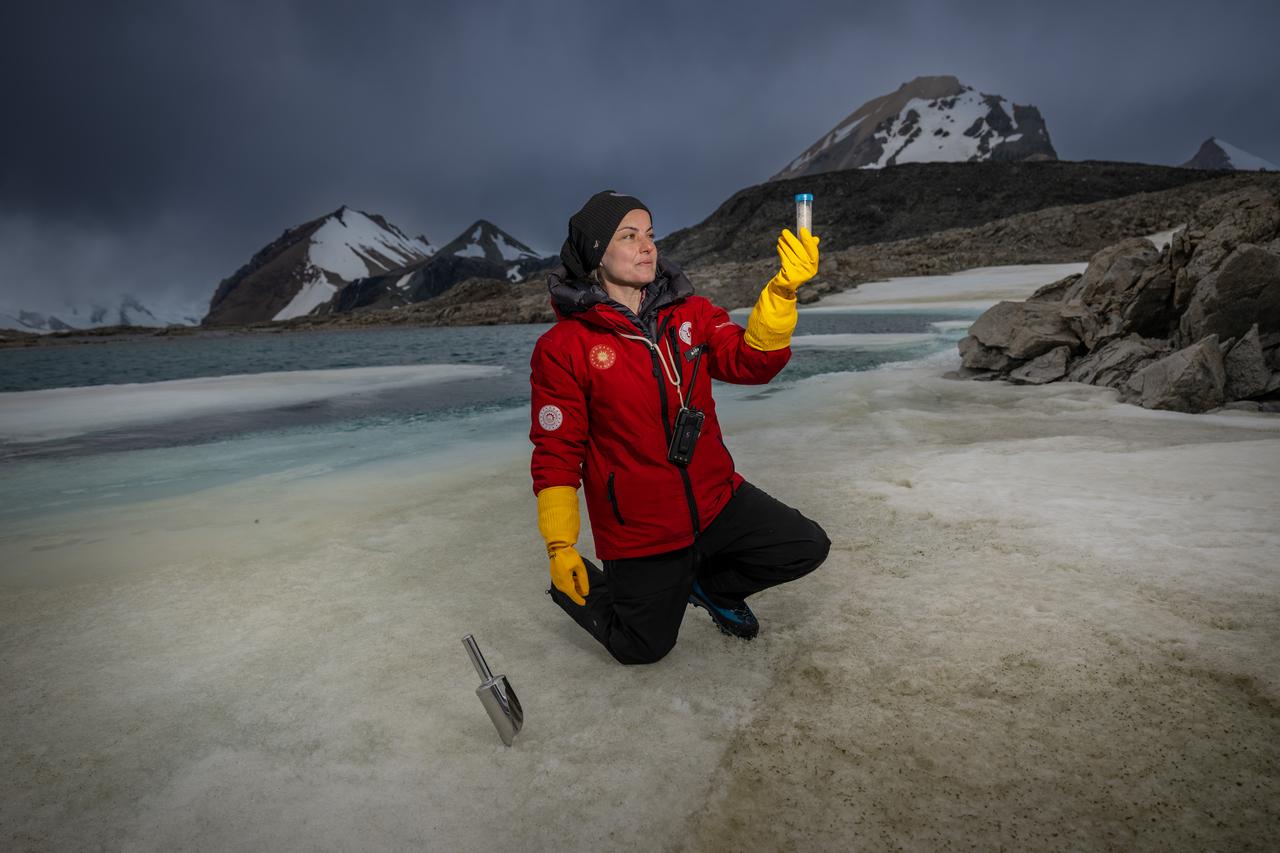 Expedition participant Dr. Meltem Celen is seen conducting her research. Antarctica, February 28, 2026. (AA Photo)
