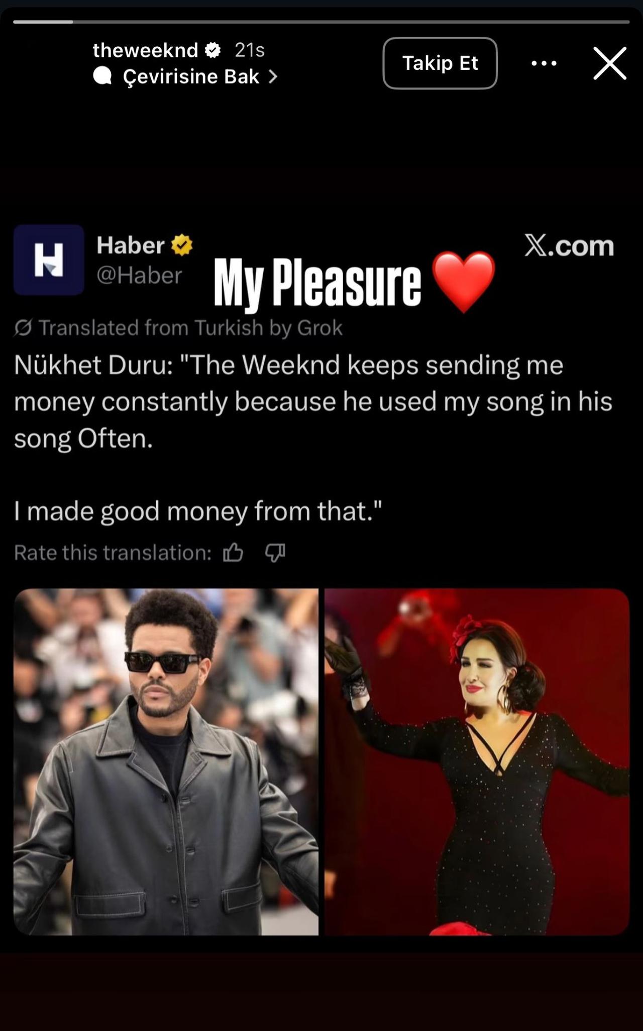 Canadian singer The Weeknd shares a social media response after Turkish music icon Nukhet Duru revealed she receives royalties linked to his song “Often.” (Photo via Instagram/@theweeknd)