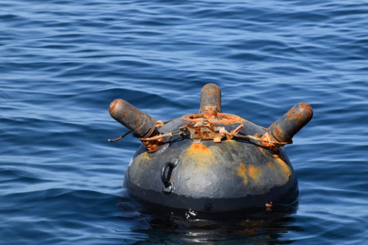 A drifting sea mine discovered in the Black Sea on March 28, 2022. (Photo via Romanian Navy)