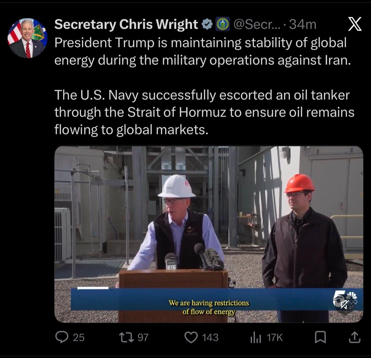 US Energy Secretary Chris Wright's deleted tweet claiming US Navy escorted an oil tanker through Strait of Hormuz on March 10, 2026. (Screengrab via X)
