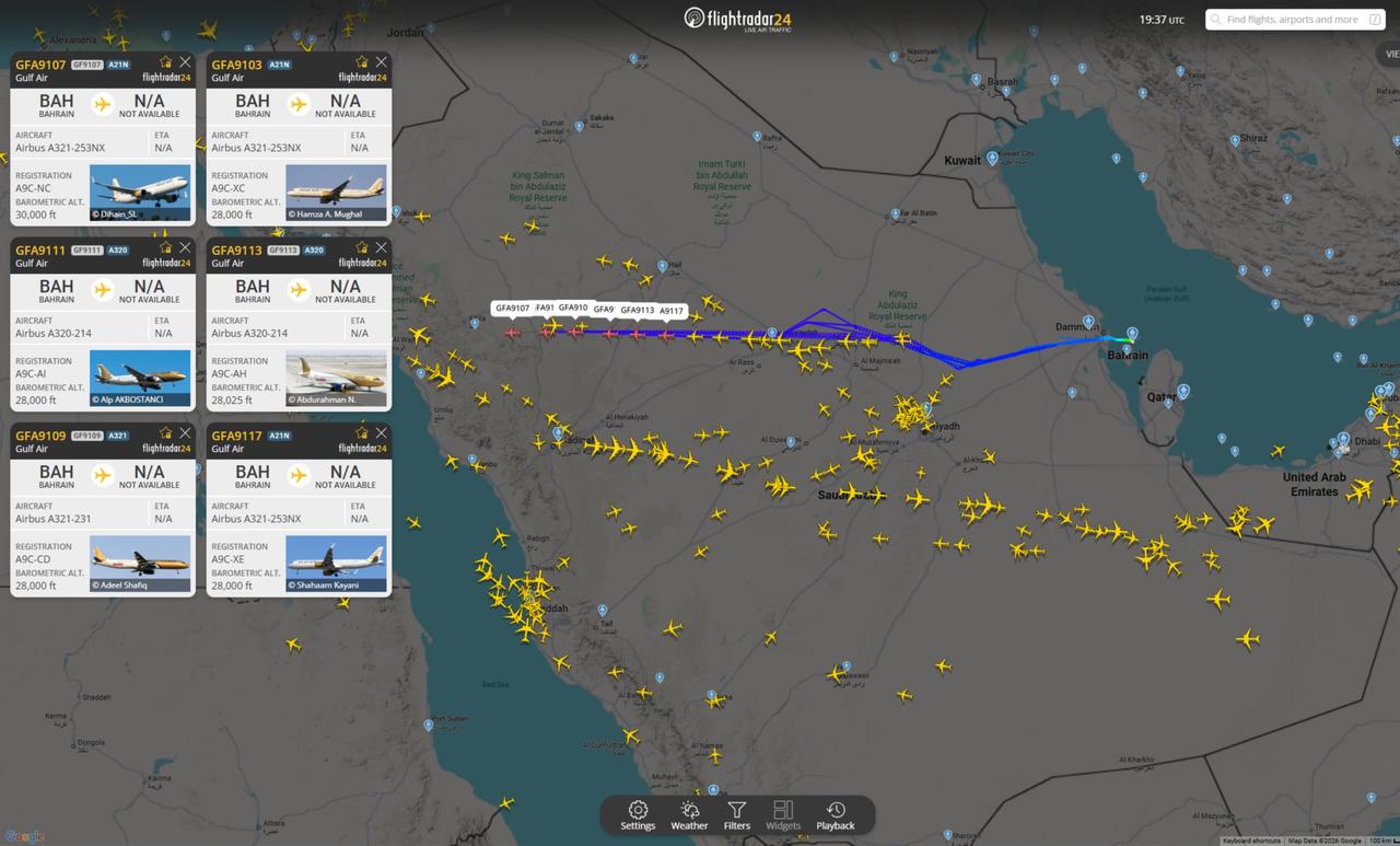 Air traffic showing Gulf Air commercial  planes fleeing Bahrain on March 10, 2026. (Screengrab via Flightradar24)