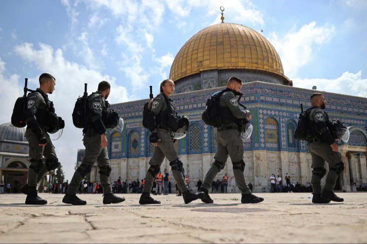 Israeli forces seen in front of the Dome of the Rock, within the Al-Aqsa Mosque Compound in Jerusalem, Sep. 10, 2021. (AA Photo)
