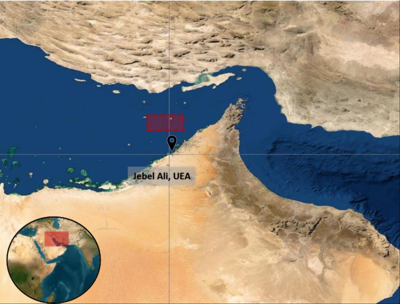 The map shows the location of the incident reported by the UK Maritime Trade Operations (UKMTO), 35NM north of Jebel Ali, United Arab Emirates. (Photo via UKMTO)