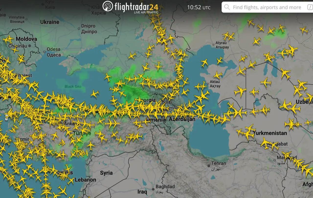 Many airlines have been flying over the Caucasus since the strikes on Iran. (via Flightradar24)