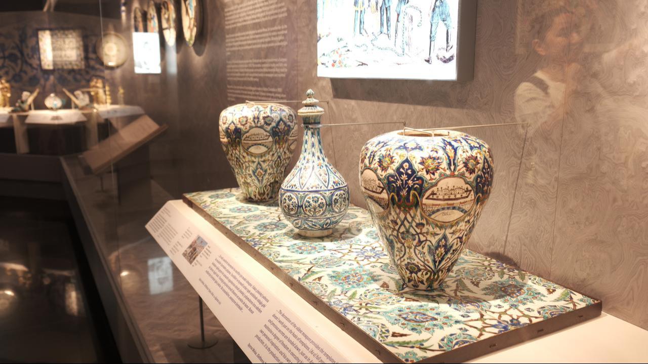 Artifacts from the “Inspiration and Innovation” section of the exhibition "Extraordinary Minas: The Story of Inspiration and Innovation in Kutahya Tiles and Ceramics," on view at the Pera Museum in Istanbul, Türkiye, May 27, 2025. (Photo via Koray Erdogan/Türkiye Today)