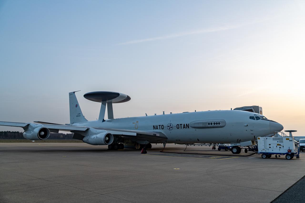 A NATO E-3A Airborne Warning & Control System (AWACS) aircraft sits on the tarmac at NATO Air Base Geilenkirchen, Germany. (Photo via NATO)