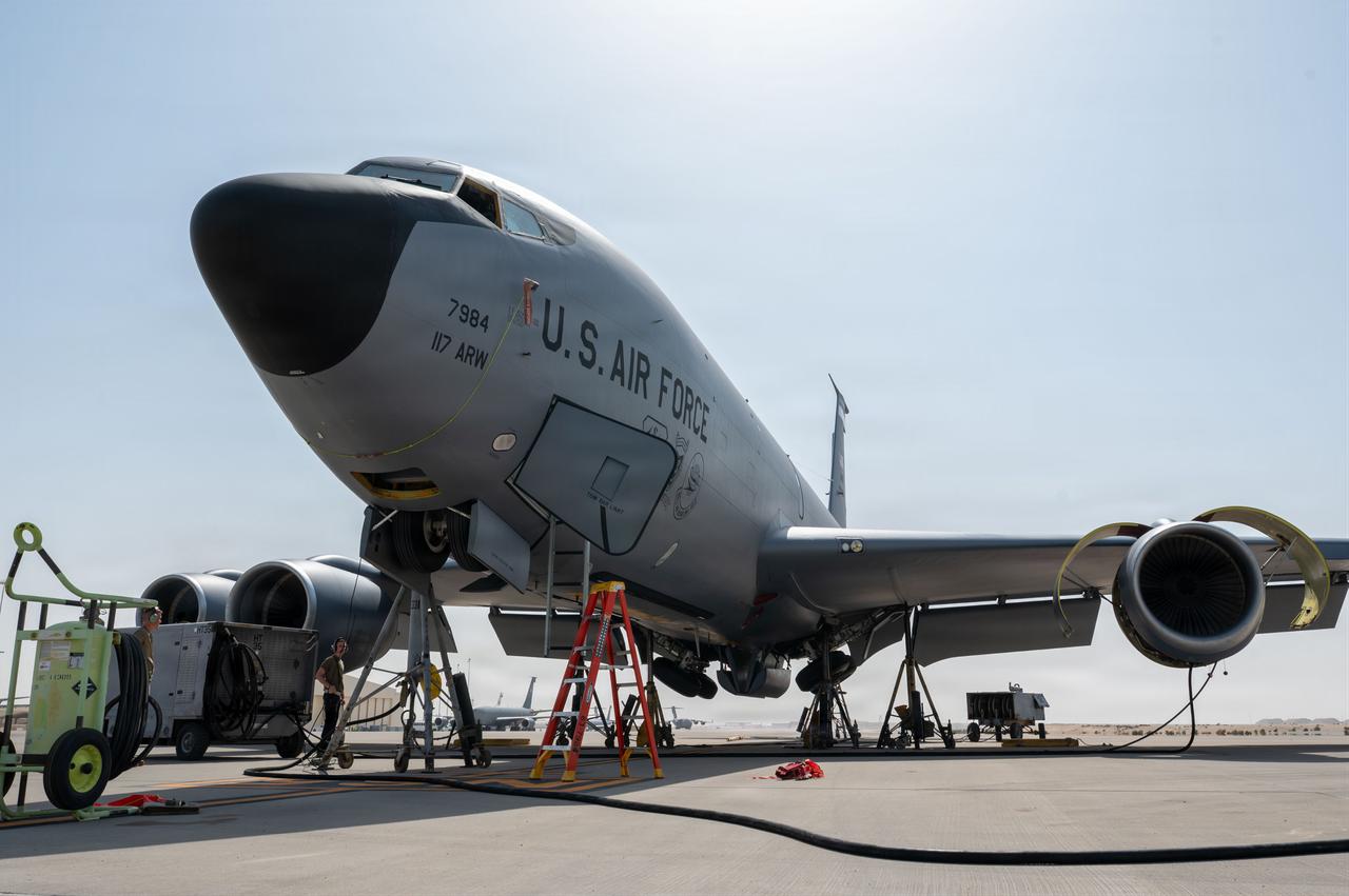 U.S. Airmen assigned to the 379th Expeditionary Maintenance Squadron's electric and environmental systems shop conduct a landing gear swing for a KC-135 Stratotanker aircraft, Feb. 4, 2026. (Photo via US Air Force)