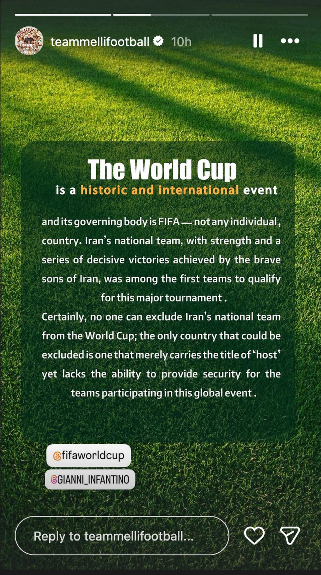 The statement shared on the Iranian national team’s Instagram account in response to U.S. President Donald Trump’s comments, March 13, 2026. (Photo via Instagram / @teammellifootball)