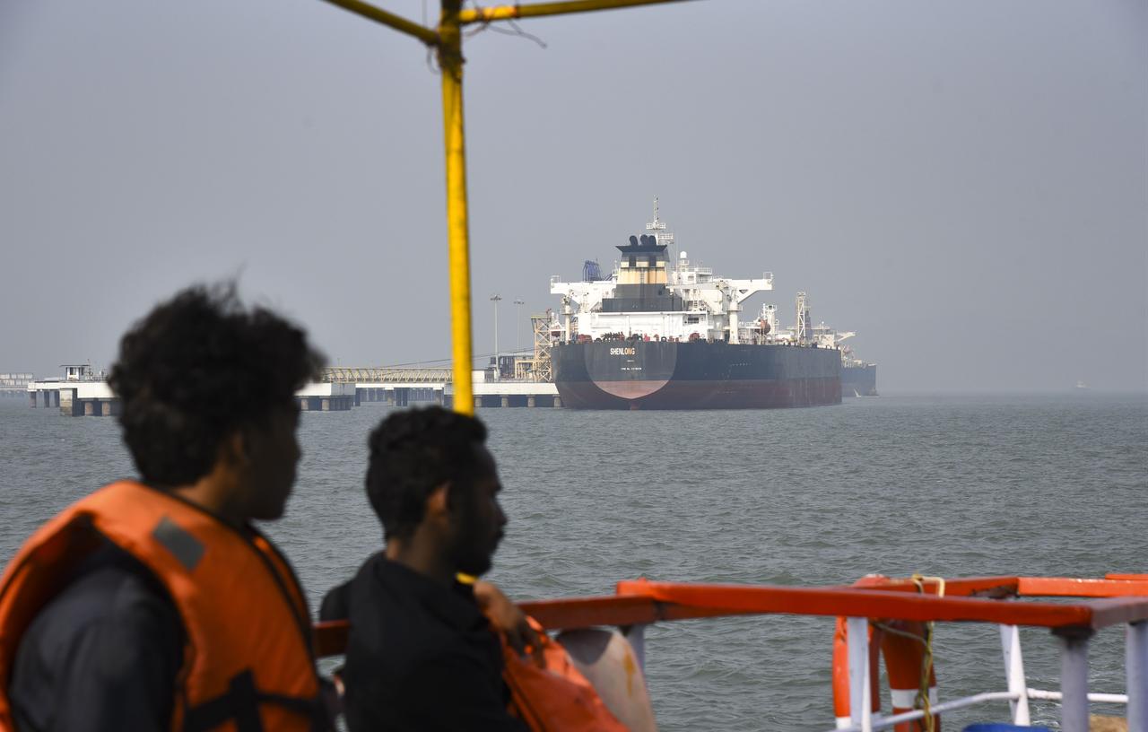 The Liberia-flagged Suezmax tanker Shenlong, carrying crude oil, among the first ships to reach India after the Middle East crisis, is seen at Mumbai Port in Mumbai, India, March 12, 2026. (AA Photo)
