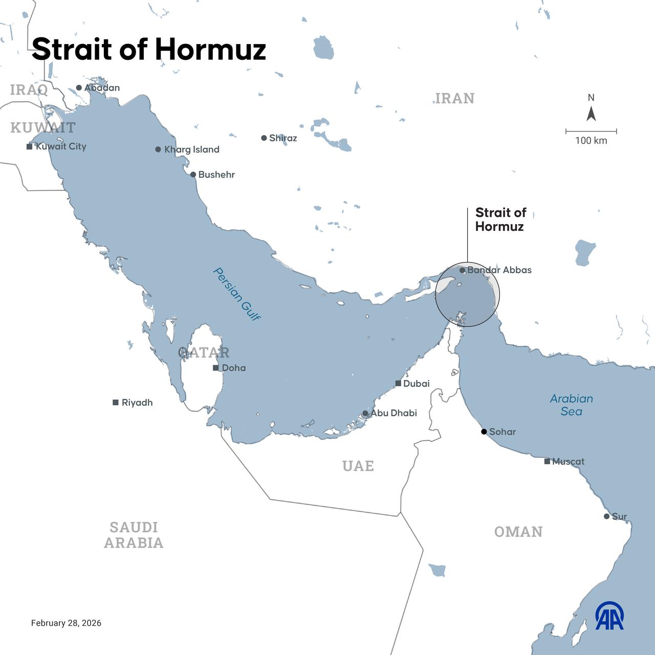An infographic titled "Strait of Hormuz" was created in Ankara, Türkiye, on February 28, 2026. (AA Infographic)