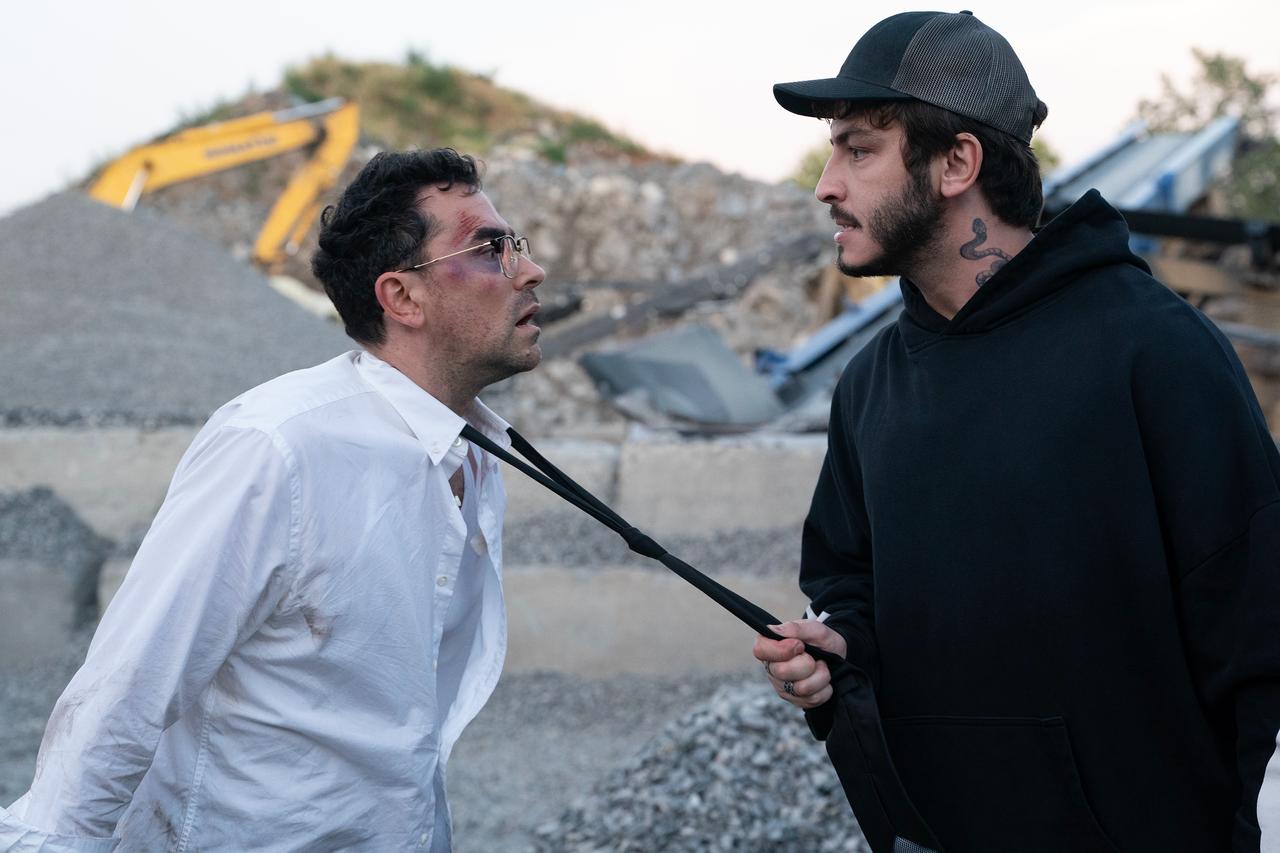 Turkish actor Boran Kuzum as Yusuf confronts Dan Levy as Nicky in a scene of the Netflix crime comedy series "Big Mistakes," March 13, 2026. (Courtesy of BKM)