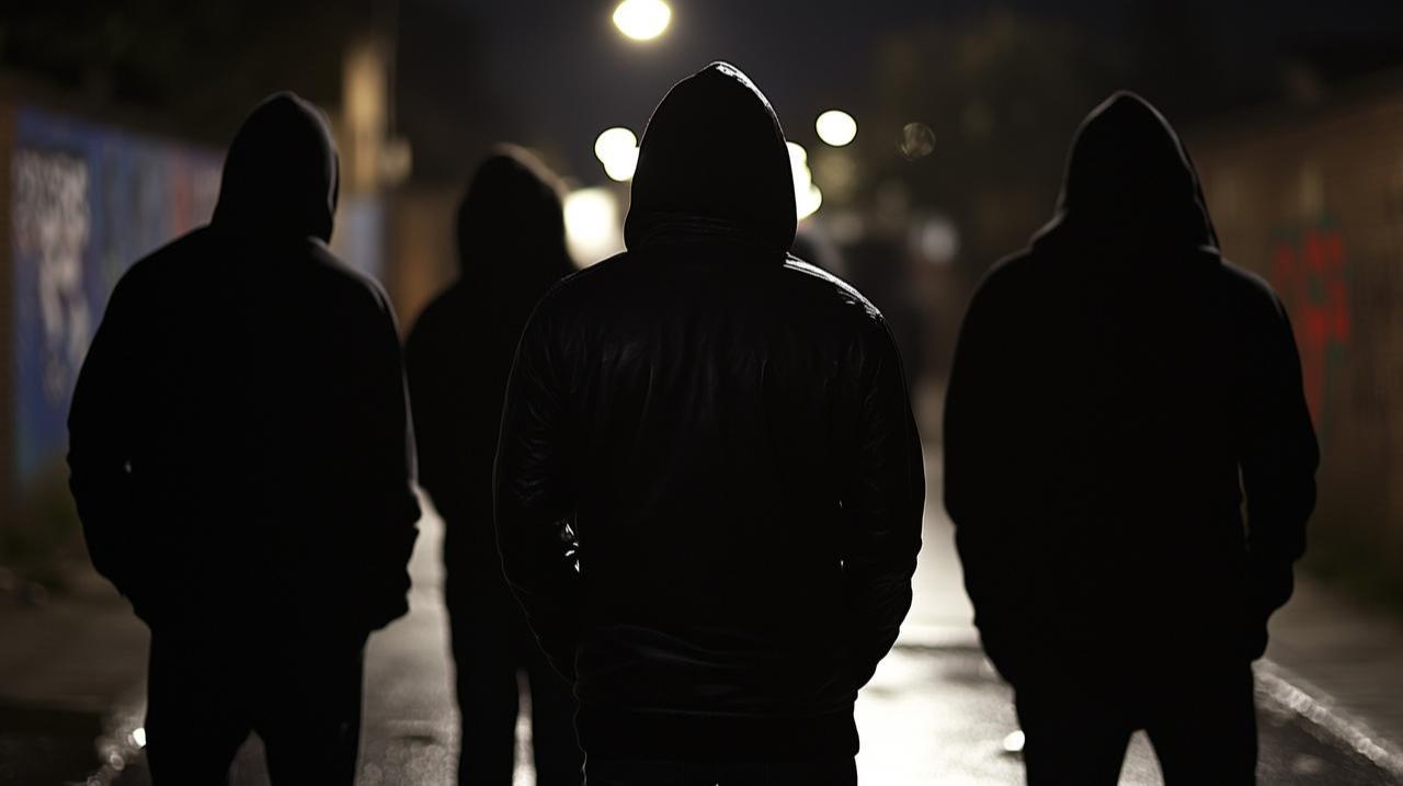 A group of youths wearing hoodies in a bleak urban setting. (Adobe Stock Photo)
