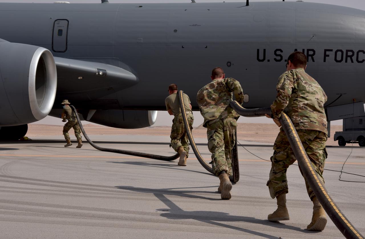 The 378th Expeditionary Logistic Readiness Squadron rapidly refuels a KC-135 Stratotanker at Prince Sultan Air Base, Kingdom of Saudi Arabia, July 13, 2020. (Photo via U.S. Air Force)