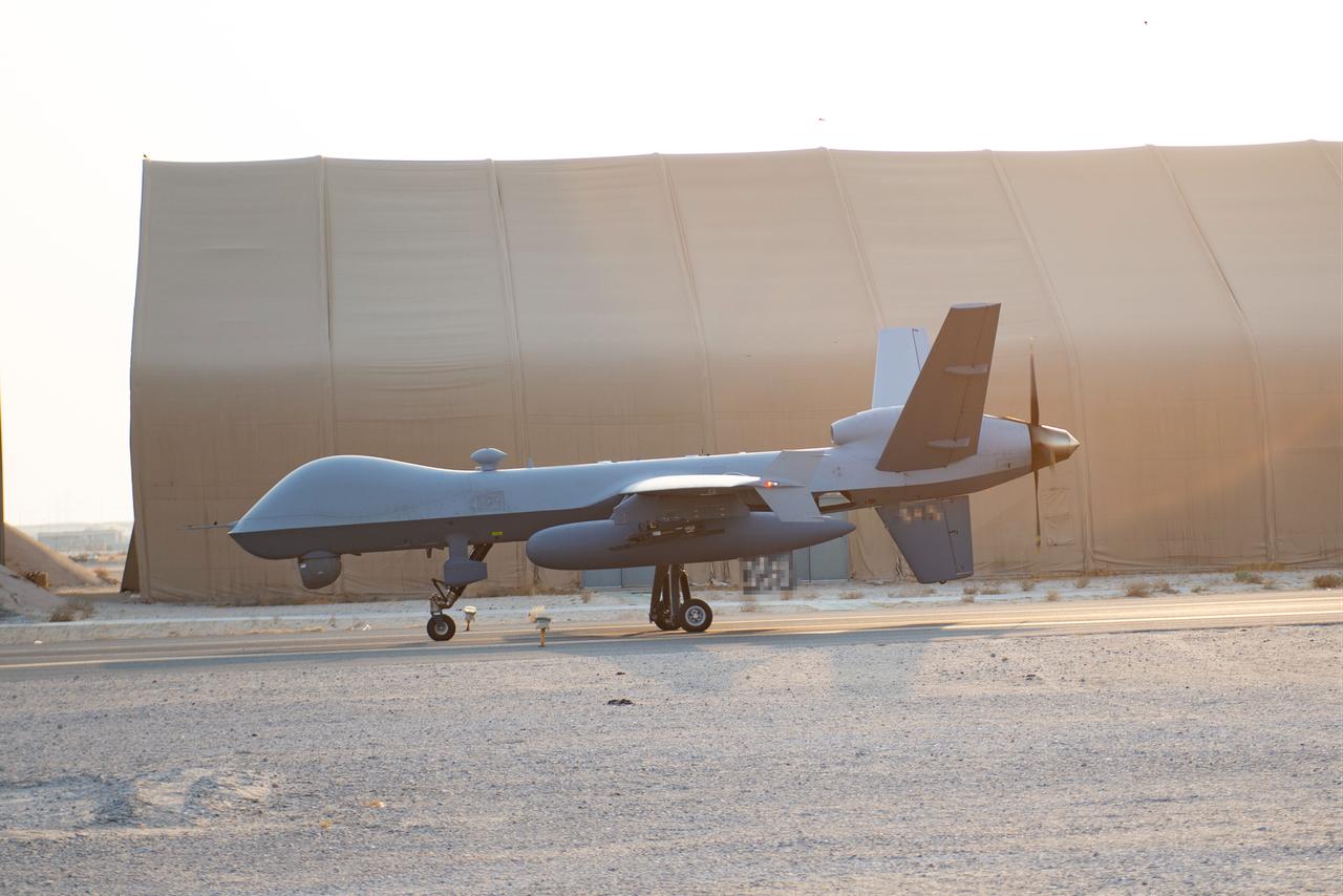 An MQ-9 Reaper taxis at Ali Al Salem Air Base, Kuwait, Aug. 20, 2021. (Photo via U.S. Air Force)