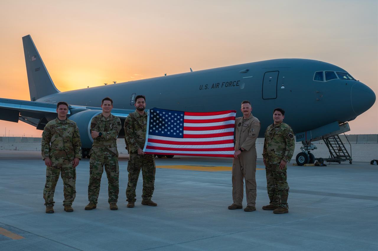 The aircrew from the KC-46A Pegasus’ first combat sortie pose for a group photo Aug. 29, 2022, during Air Mobility Command’s Employment Concept Exercise 22-08 at Al Udeid Air Base, Qatar. (Photo via U.S. Air Force)