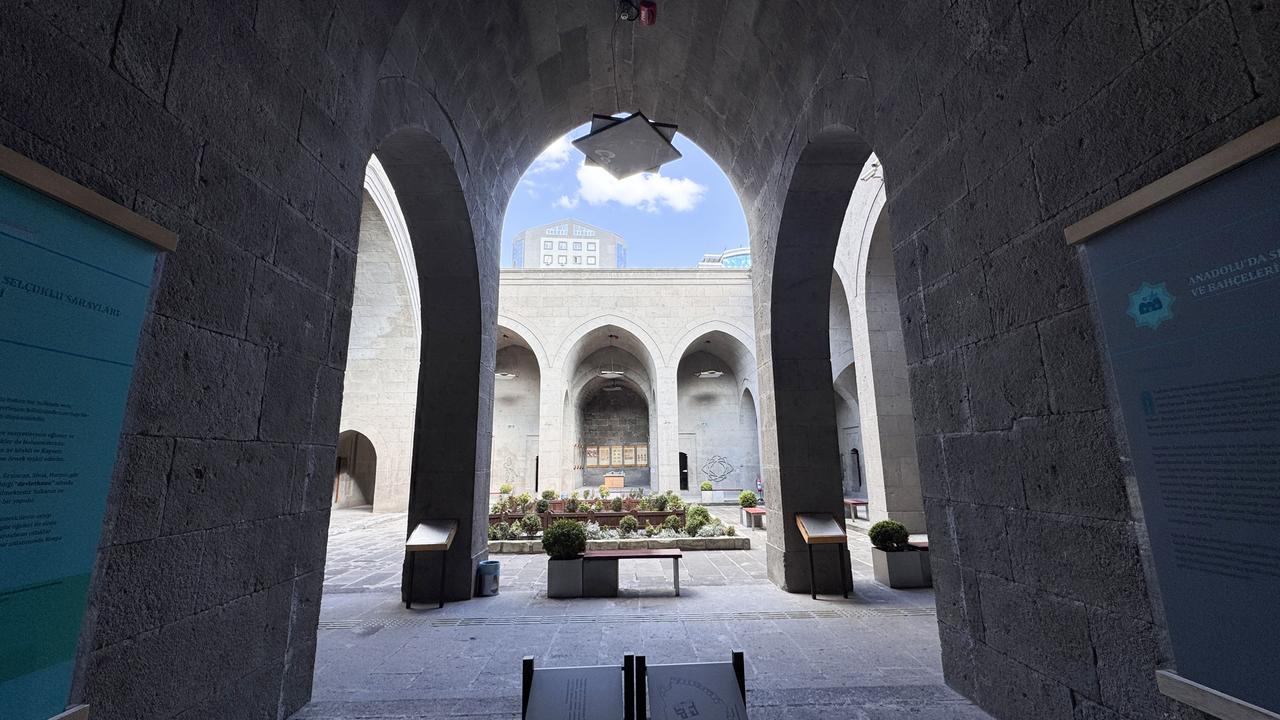 The historic structure, constructed in 1206 by Sultan Gıyaseddin Keyhusrev I following the wishes of his sister Gevher Nesibe, now functions as the Seljuk Civilization Museum. Kayseri, Türkiye, March 14, 2026. (AA Photo)