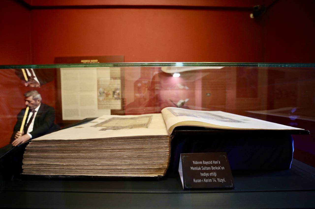 A historic Quran displayed in a glass case at the Turkish and Islamic Arts Museum in Bursa, Türkiye, March 12, 2026. (AA Photo)