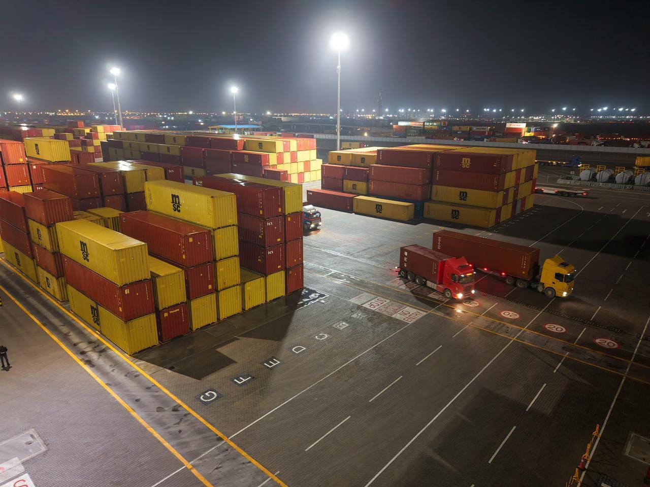 A view of shipping containers waiting at Umm Qasr Port, located in Basra Governorate in southern Iraq, on March 12, 2026. (AA Photo)