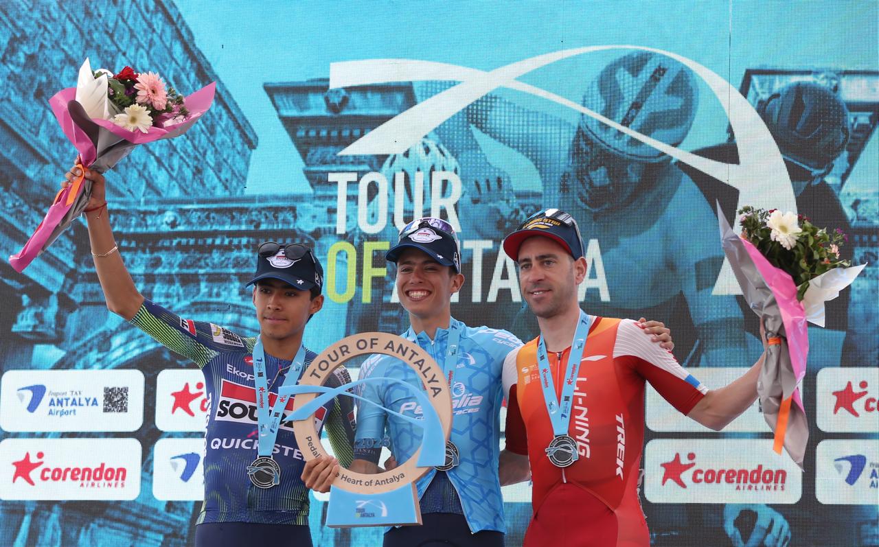 Overall winner Henrique Bravo of Soudal-Quick-Step (center) poses on the podium with Jose Said Cisneros (left) and Eduardo Sepulveda (right) after the Tour of Antalya in Antalya, Türkiye, March 15, 2026. (AA Photo)