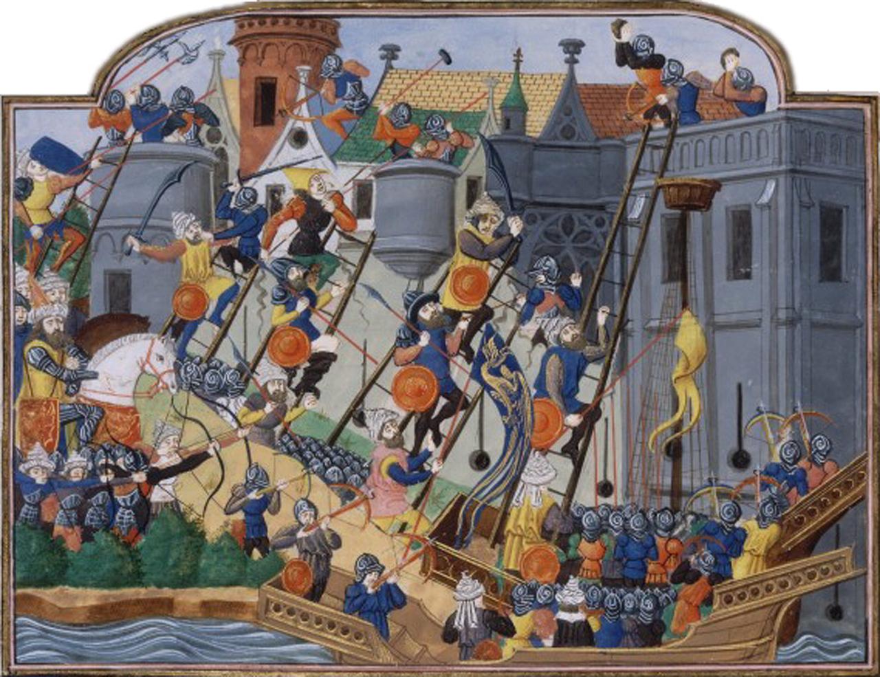 Medieval illumination depicting the Siege of Constantinople in 1453, showing Ottoman forces scaling the city’s walls during the final assault. The scene appears in Chronique de Charles VII by Jean Chartier, circa 1460. (Image via Bibliotheque nationale de France)
