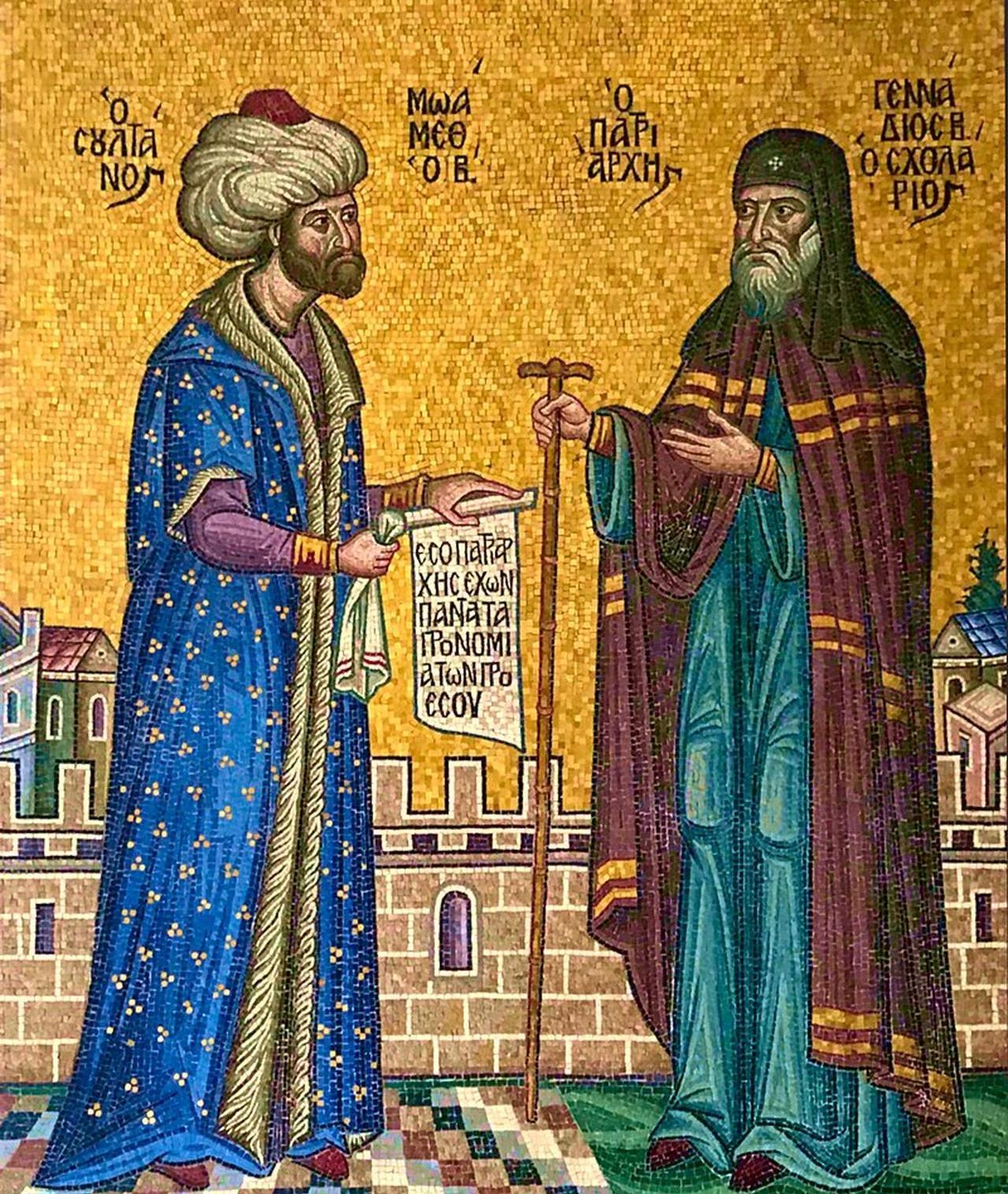 A mosaic of Sultan Mehmed II, the Ottoman sultan who conquered Istanbul, granting authority to Gennadios II, the first Greek Patriarch of Constantinople under Ottoman rule, his authority. (Photo via Wikimedia)