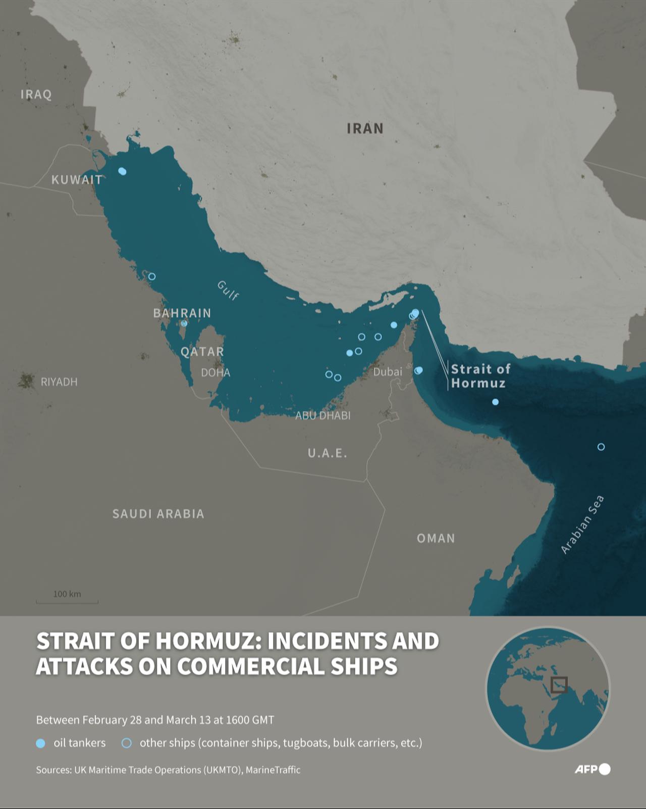 Infographic with a map of the Gulf and the Strait of Hormuz showing incidents and attacks on commercial ships between February 28 and March 13 at 1600 GMT. (AFP Infographic)