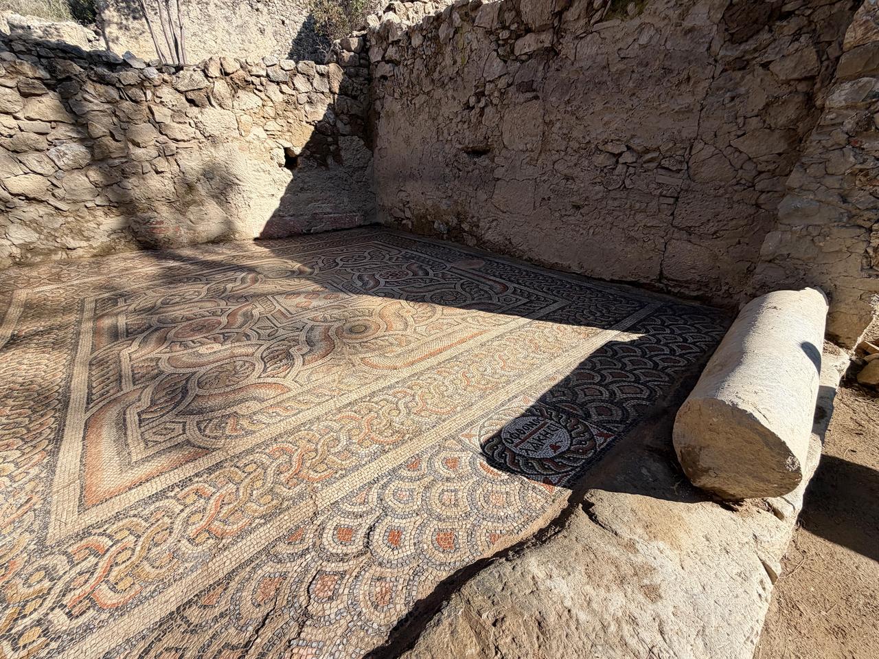 A section of the mosaic floor decorated with geometric and floral motifs uncovered during archaeological excavations at the ancient city of Syedra in Alanya, Antalya, Türkiye, March 16, 2026. (AA Photo)