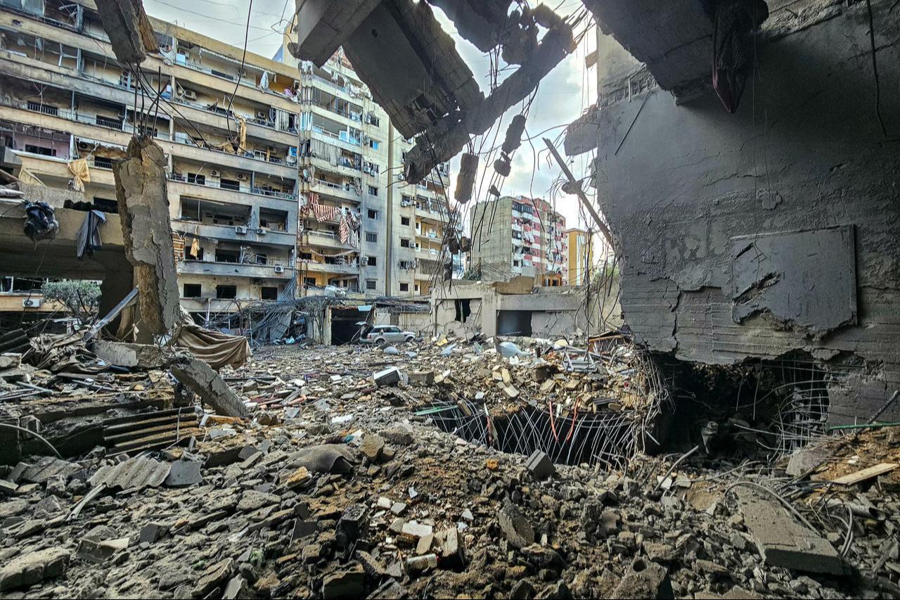 The site of an overnight Israeli airstrike is pictured in the southern suburbs of Beirut on March 16, 2026. (AFP Photo)