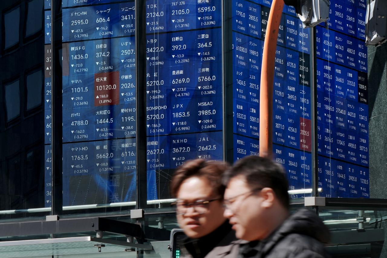 An electronic quotation board displays the Nikkei 225 stock prices on the Tokyo Stock Exchange in Tokyo on March 12, 2026. (AFP Photo)