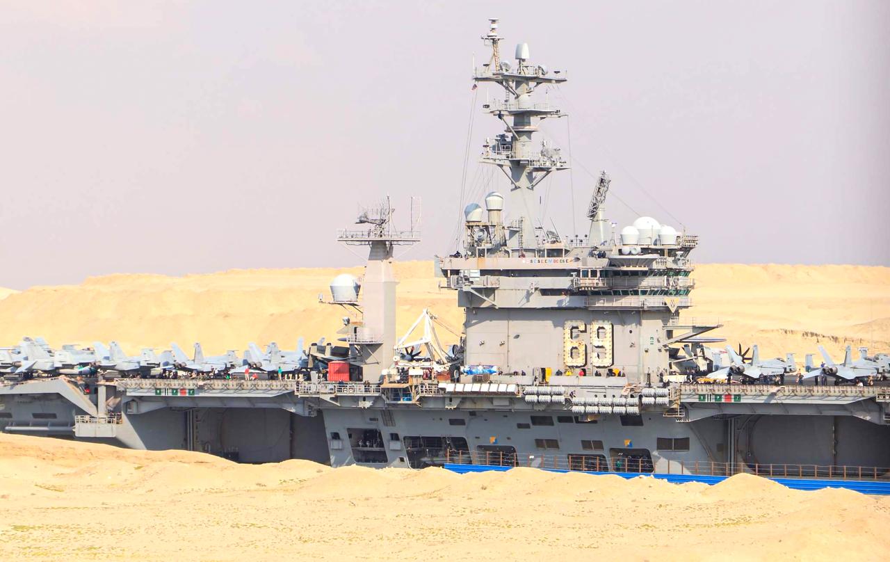 A U.S. aircraft carrier transits the Suez Canal in Ismailia, Egypt, which connects the Mediterranean and Red Seas, March 14, 2026. (AA Photo)