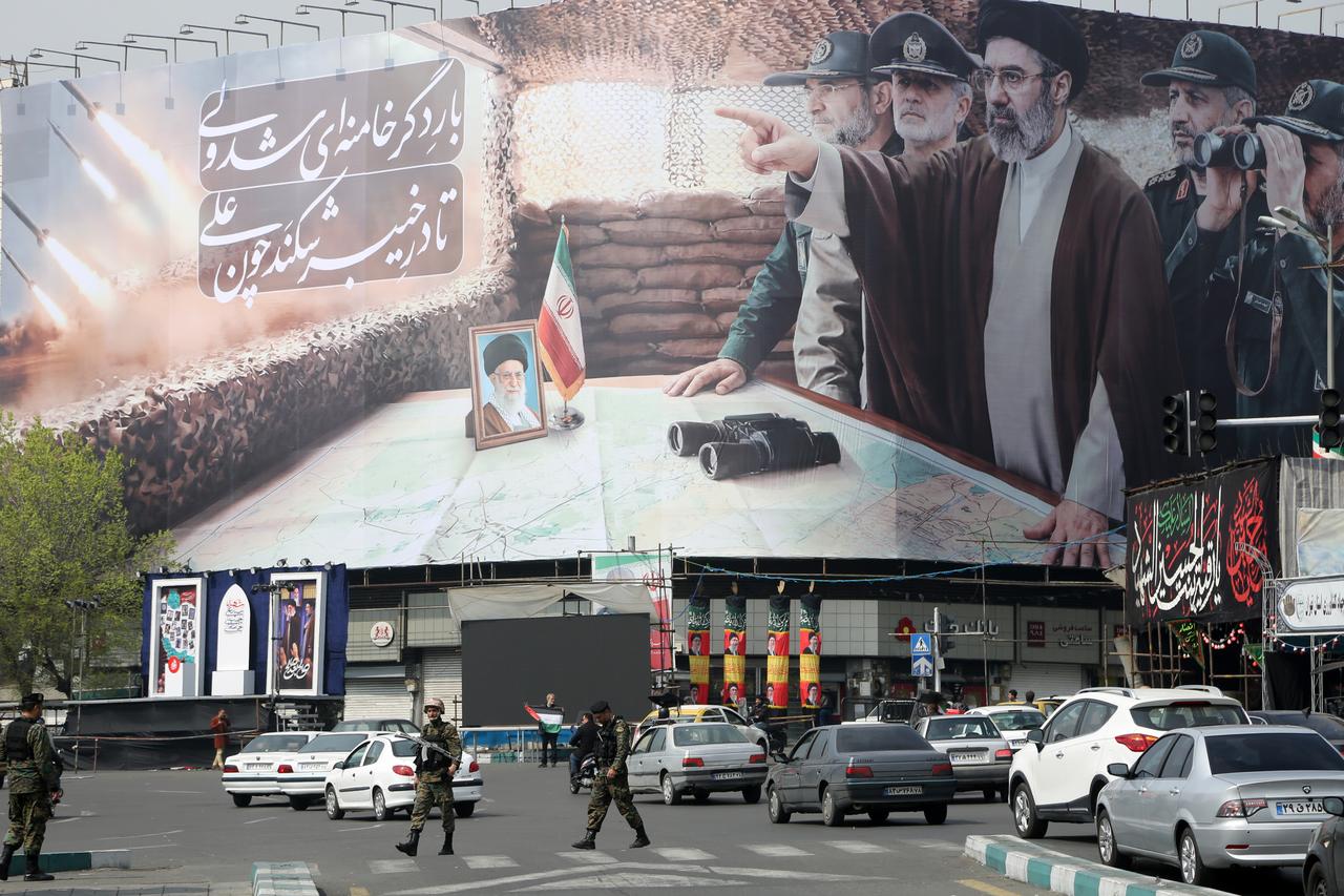 A view of a banner featuring Iran’s new Supreme Leader Mojtaba Khamenei and senior commanders of the Revolutionary Guard Corps (IRGC) as the attacks by the United States and Israel against Iran continue on March 14, 2026. (AA Photo)