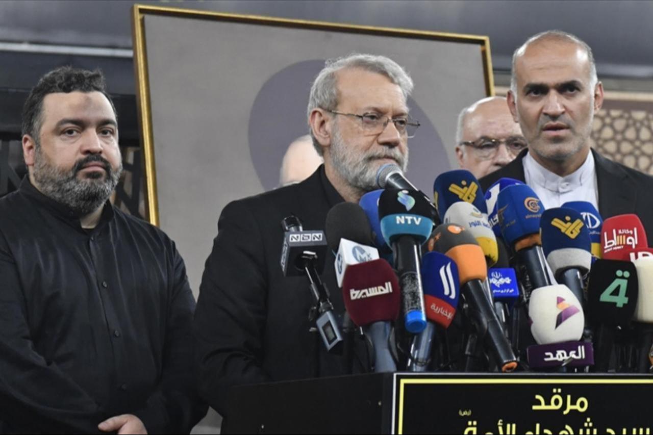 Iran’s Supreme National Security Council Secretary Ali Larijani (C) speaks to the press during his official visit to Beirut, Lebanon, August 13, 2025. (AA Photo)