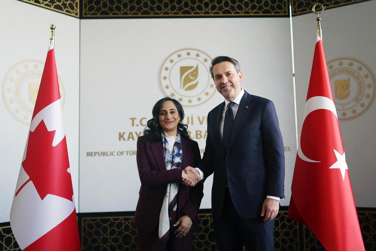 Turkish Energy and Natural Resources Minister Alparslan Bayraktar (R) and Canadian Foreign Minister Anita Anand (L) pose during a meeting at the Energy and Natural Resources Ministry in Ankara, Türkiye, March 17, 2026. (Photo via X/@aBayraktar1)