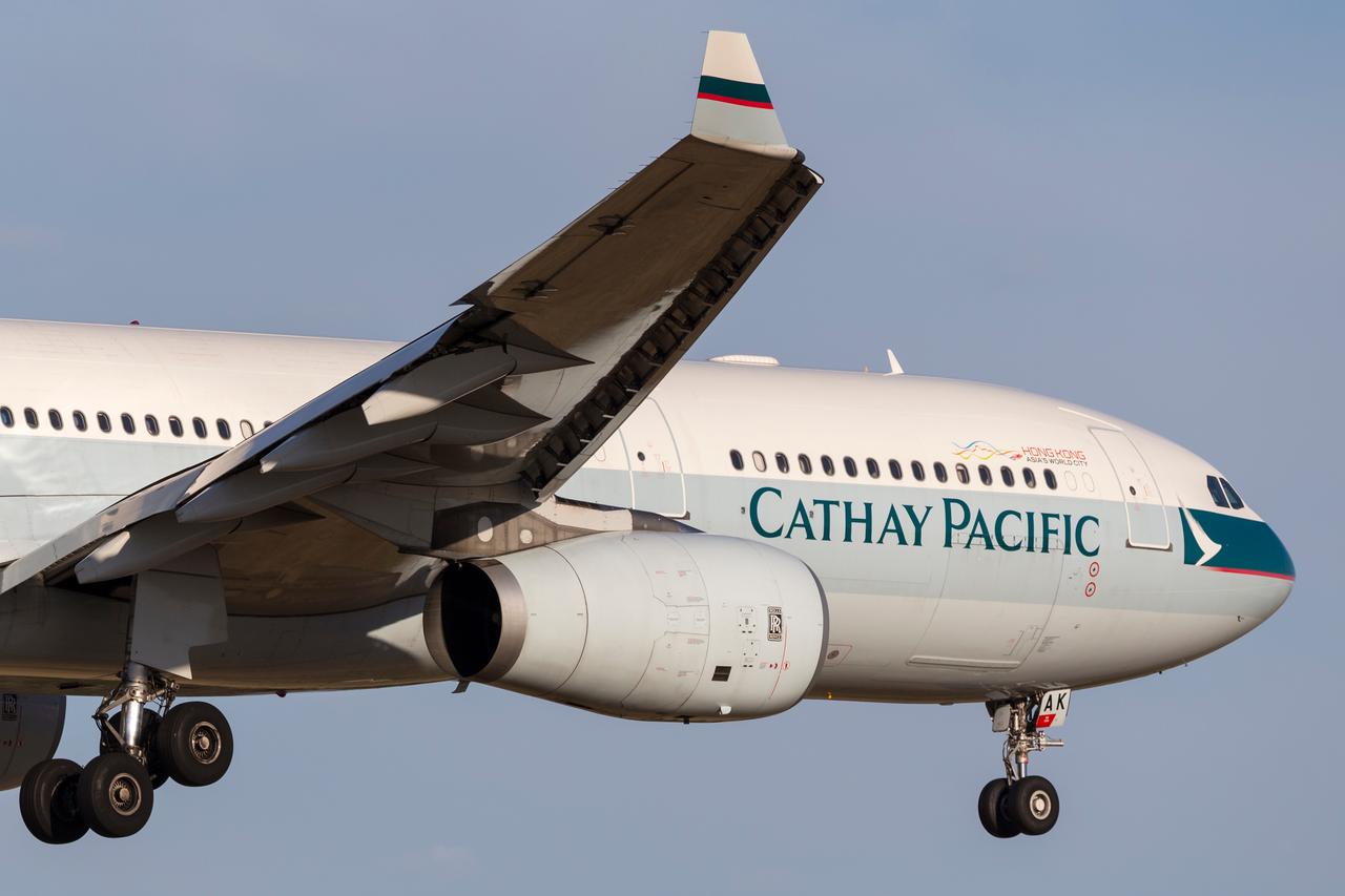 Cathay Pacific Airbus A330-343 airliner B-LAK on approach to land at Melbourne International Airport in Melbourne, Australia, Nov. 8, 2014. (Adobe Stock Photo)
