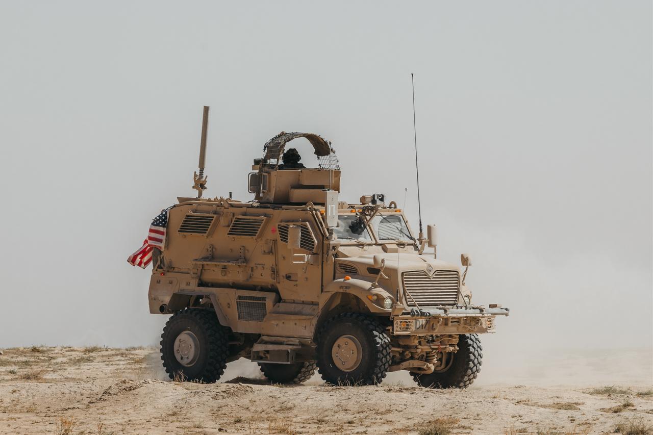 U.S. Soldiers assigned to Delta Company operate a Mine-Resistant Ambush Protected (MRAP) vehicle within the U.S. Central Command area of responsibility, Sept. 21, 2025. (Photo via U.S. Army)