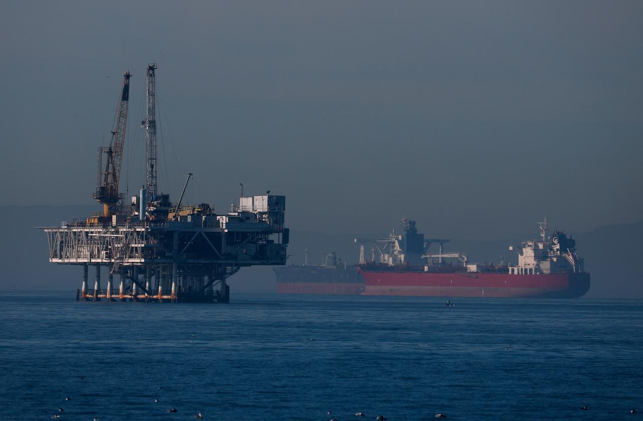 A view of the offshore oil and gas platform Esther on March 17, 2026, in Seal Beach, California. (AFP Photo)