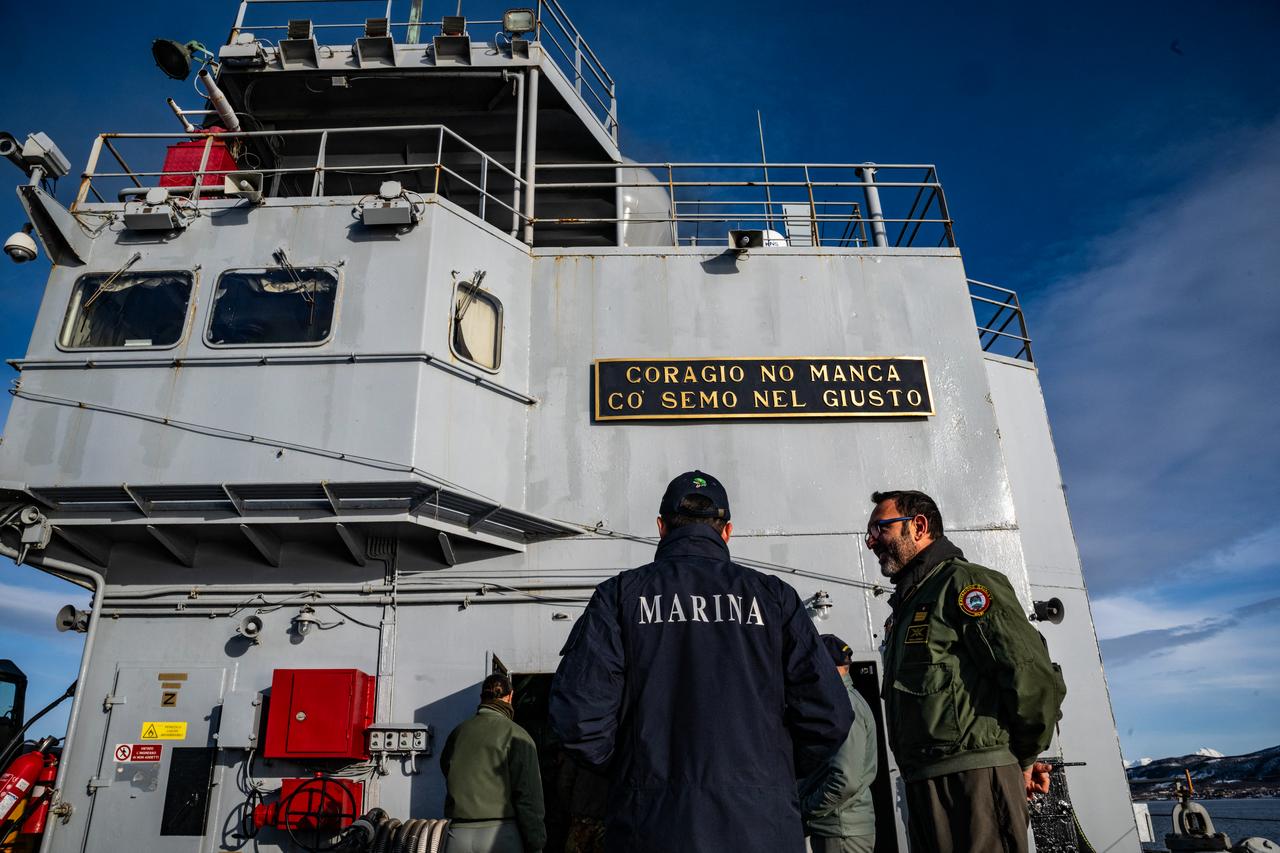 Sailors stand on the deck of the San Giusto, a San Giorgio-class amphibious transport dock of the Italian Navy, off the coast of Harstad on March 11, 2026, as NATO conducts its Cold Response military exercise. (AFP Photo)