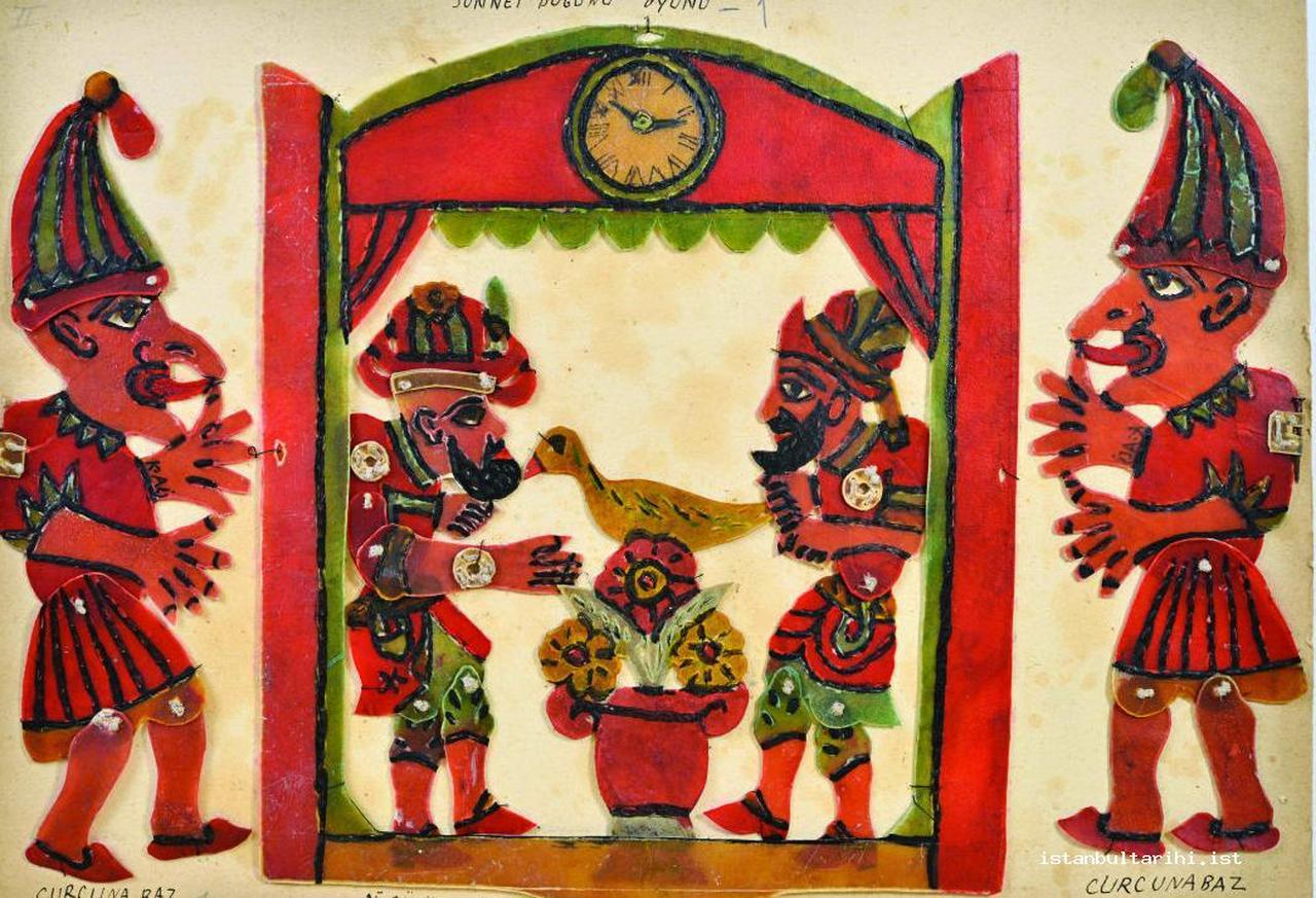 Karagoz and Hacivat appear alongside curcunabaz performers in a shadow play scene, Türkiye, accessed on March 19, 2026. (Courtesy of IBBSM)