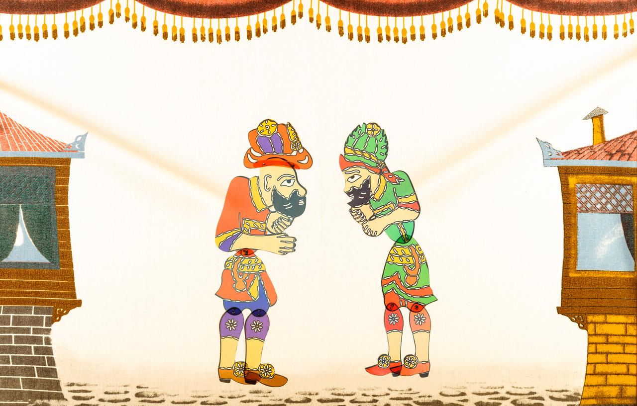 Karagoz and Hacivat figures appear on a traditional shadow play screen during a staged performance, Türkiye, accessed on March 19, 2026. (Adobe Stock Photo)