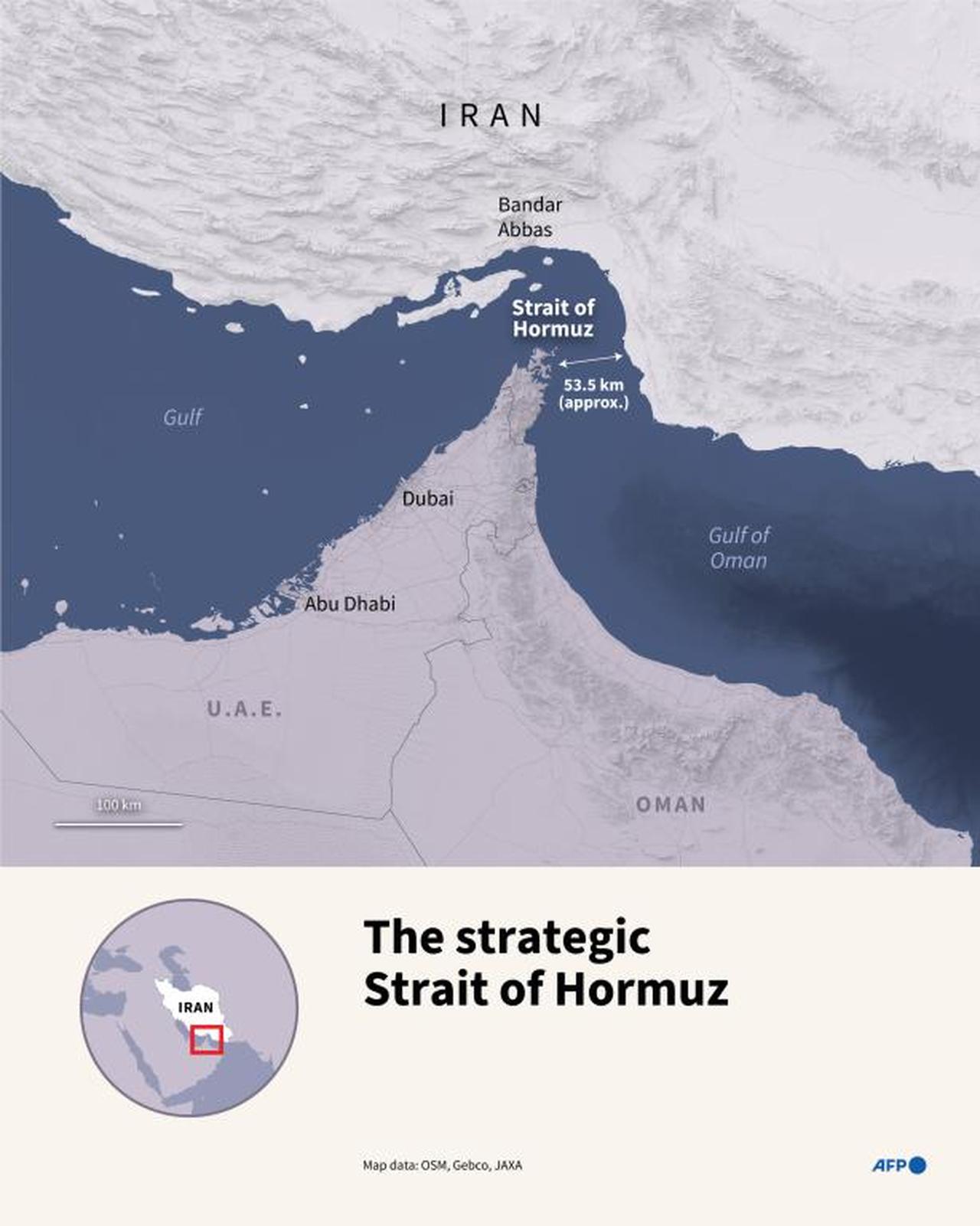 Infographic with a map of the Strait of Hormuz, a vital chokepoint for global oil shipments linking the Gulf and the Gulf of Oman. (Image via AFP)