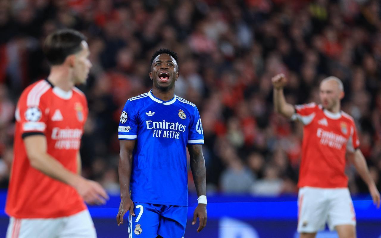 Real Madrid's Brazilian forward #07 Vinicius Junior reacts after missing a goal opportunity during the match in Lisbon, Portugal, February 17, 2026. (AFP Photo)