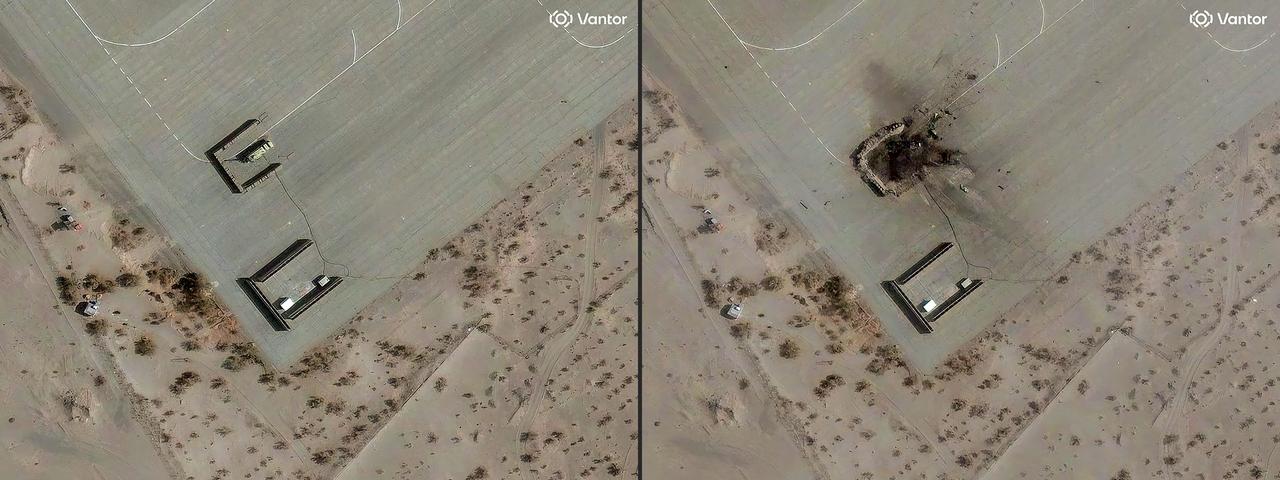 This combination of handout satellite images courtesy of Vantor taken on February 26 (L) and March 1, 2026 (R) shows a radar system at Zahedan airbase in eastern Iran near the border with Pakistan and after it was destroyed. (Photo by Satellite image ©2026 Vantor/AFP)