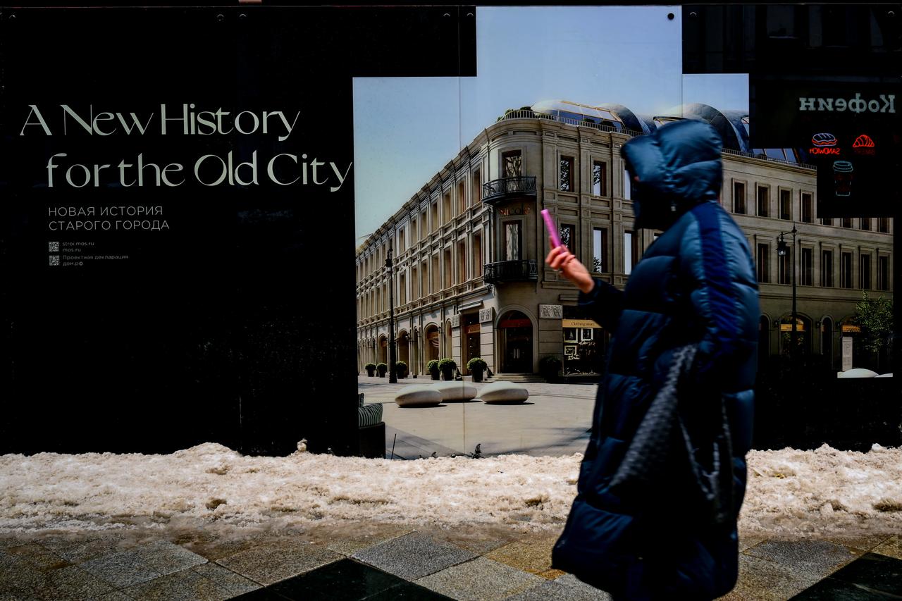A view of banners as the law signed by President Vladimir Putin to protect the Russian language, which restricts the use of foreign language signs and foreign words in public areas, to come into effect on March 1, 2026 in Moscow, Russia, Feb. 28, 2026. (AA Photo)