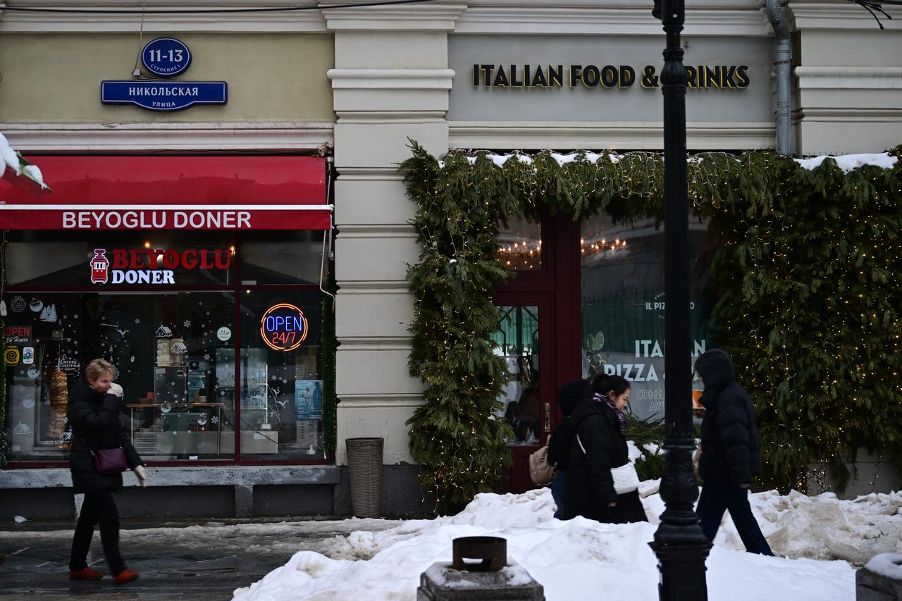 A view of banners as the law signed by President Vladimir Putin to protect the Russian language, which restricts the use of foreign language signs and foreign words in public areas, to come into effect on March 1, 2026 in Moscow, Russia, Feb. 28, 2026. (AA Photo)